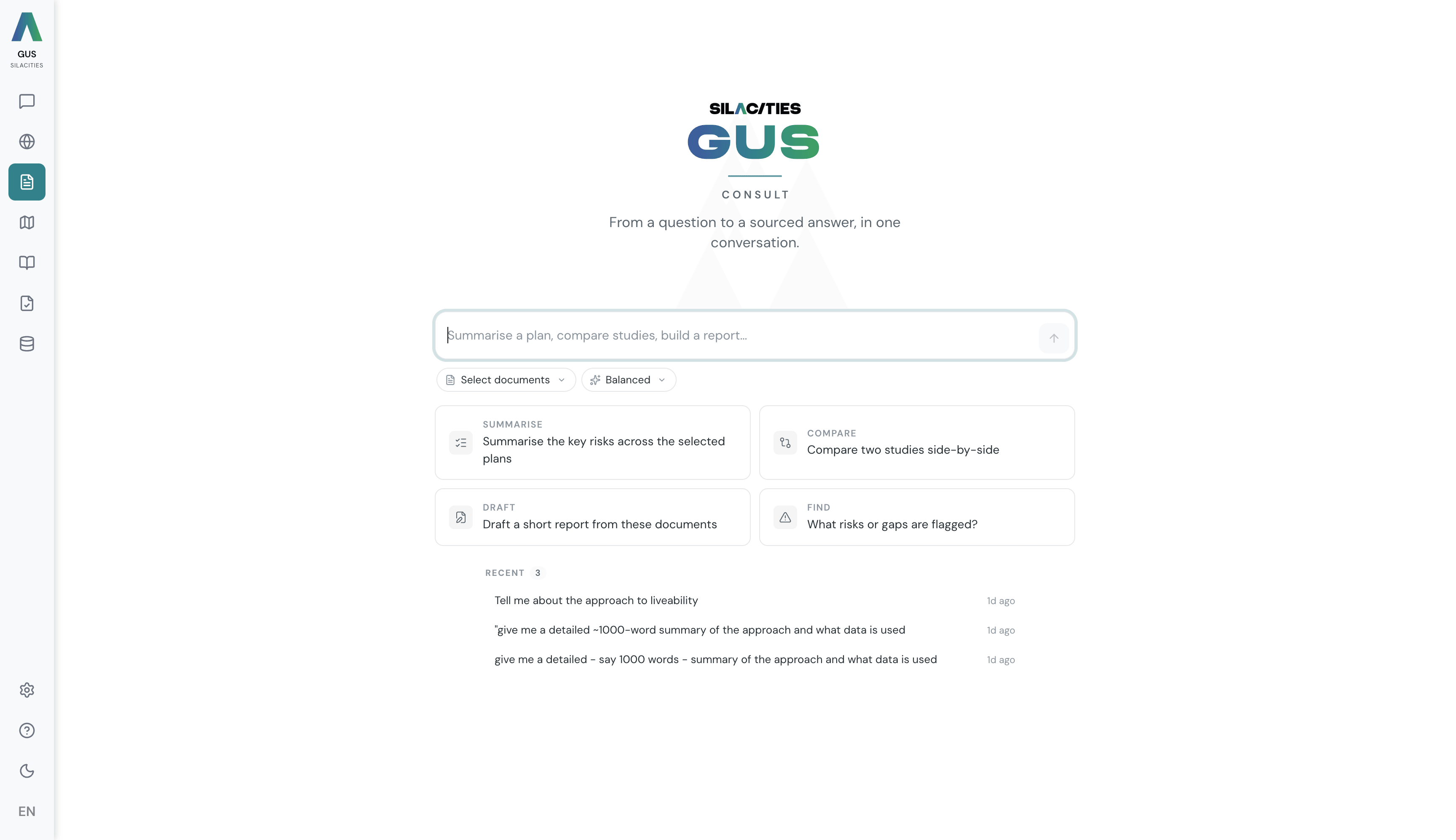 GUS Consult — the composer, with Documents and Lens pills