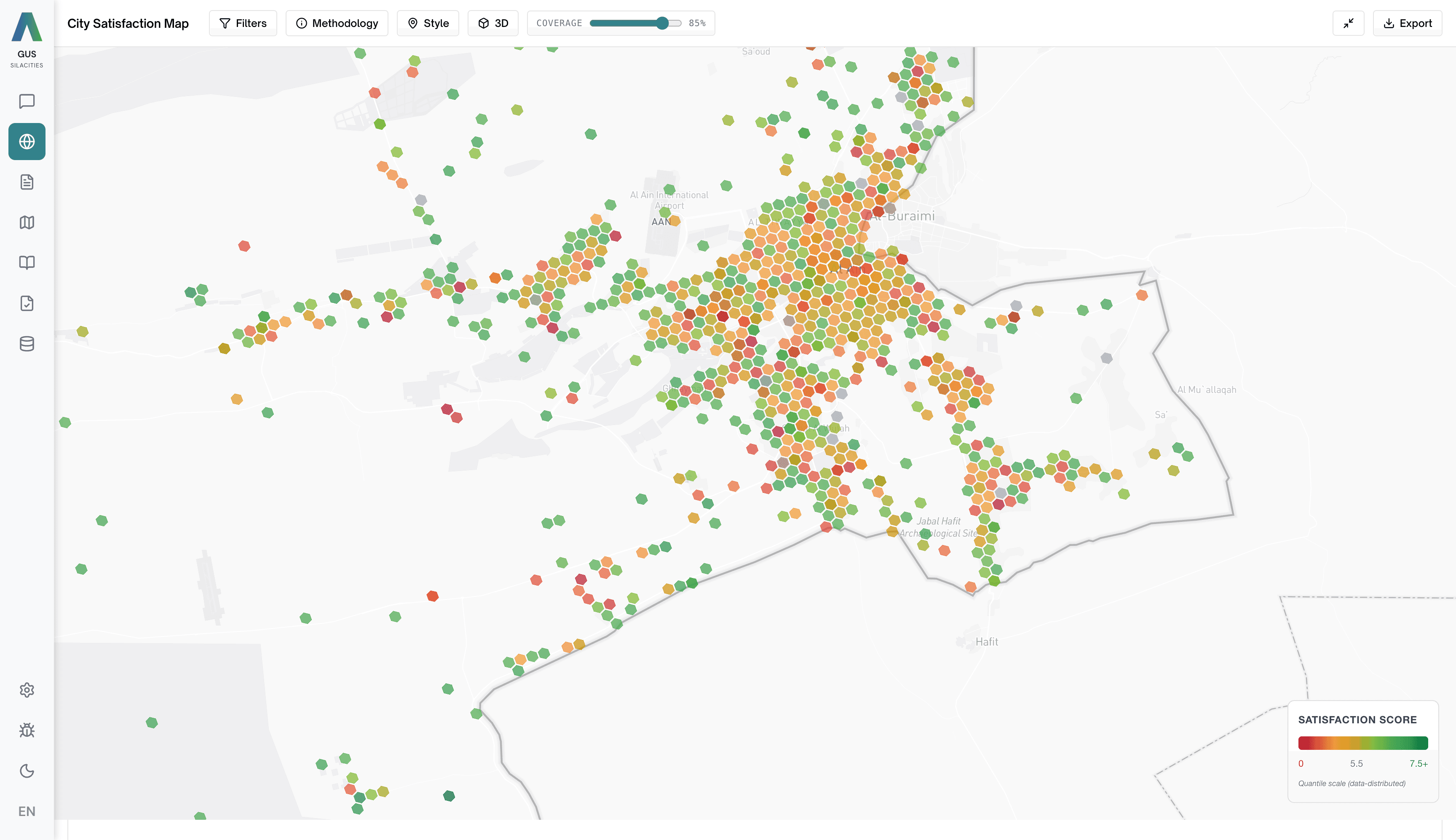 GUS Atlas satisfaction map — neighbourhoods as a hex grid coloured by satisfaction score, red to green