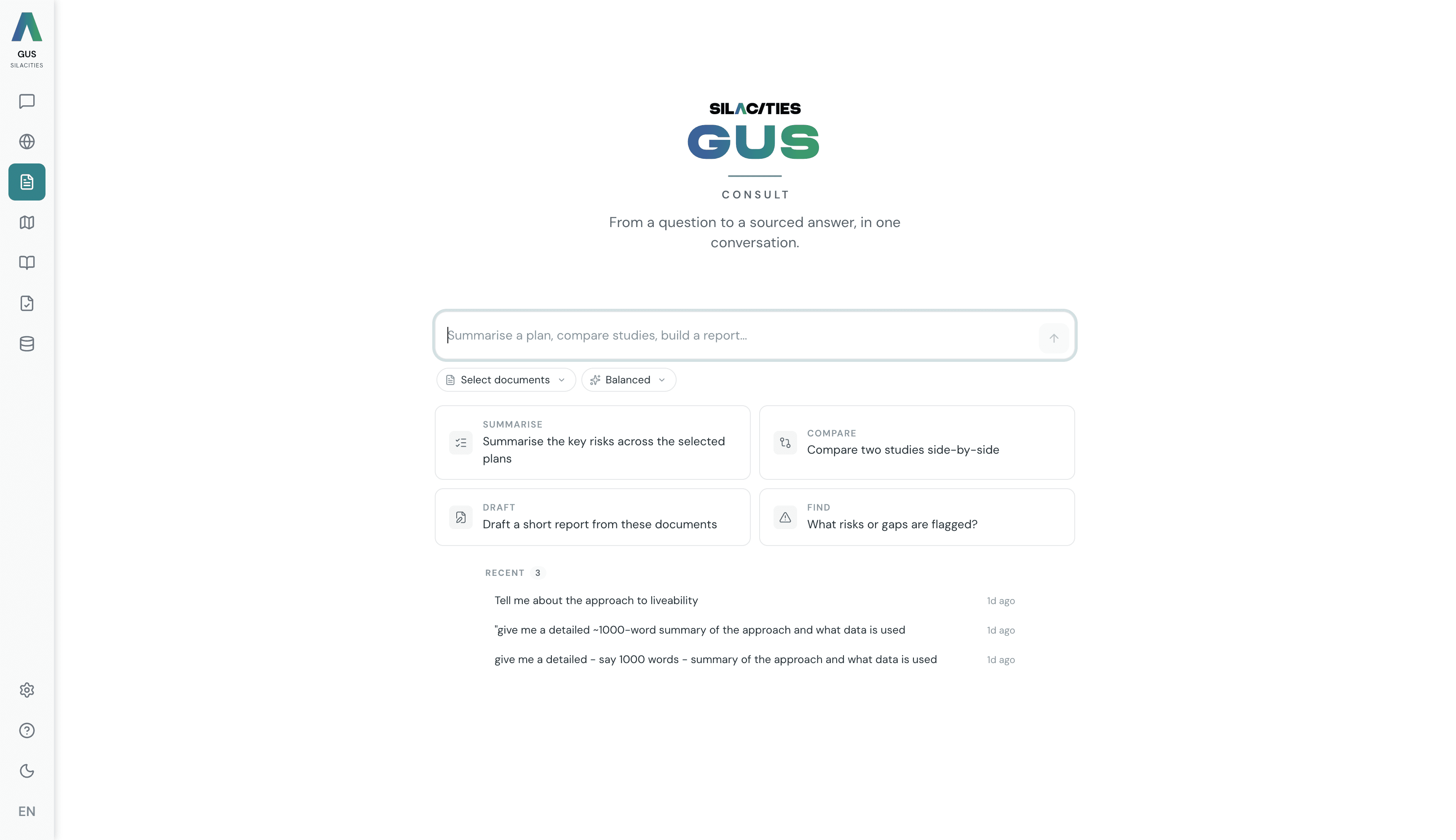 GUS Consult composer landing — state-a-goal input with optional Documents and Lens pills