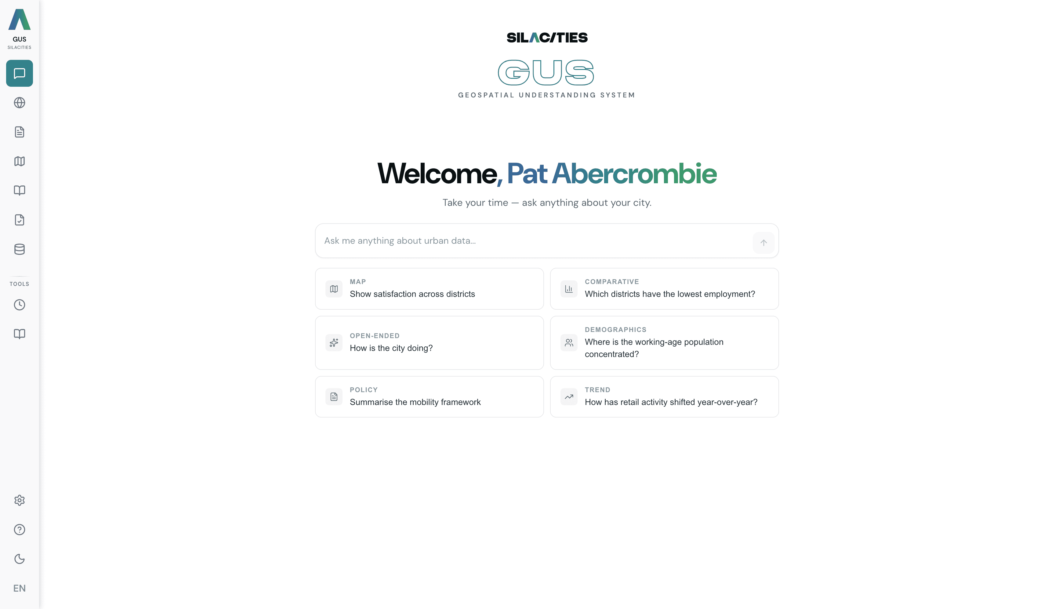 GUS Chat welcome screen — an ask-anything composer above suggested queries for map, comparative, demographics and policy