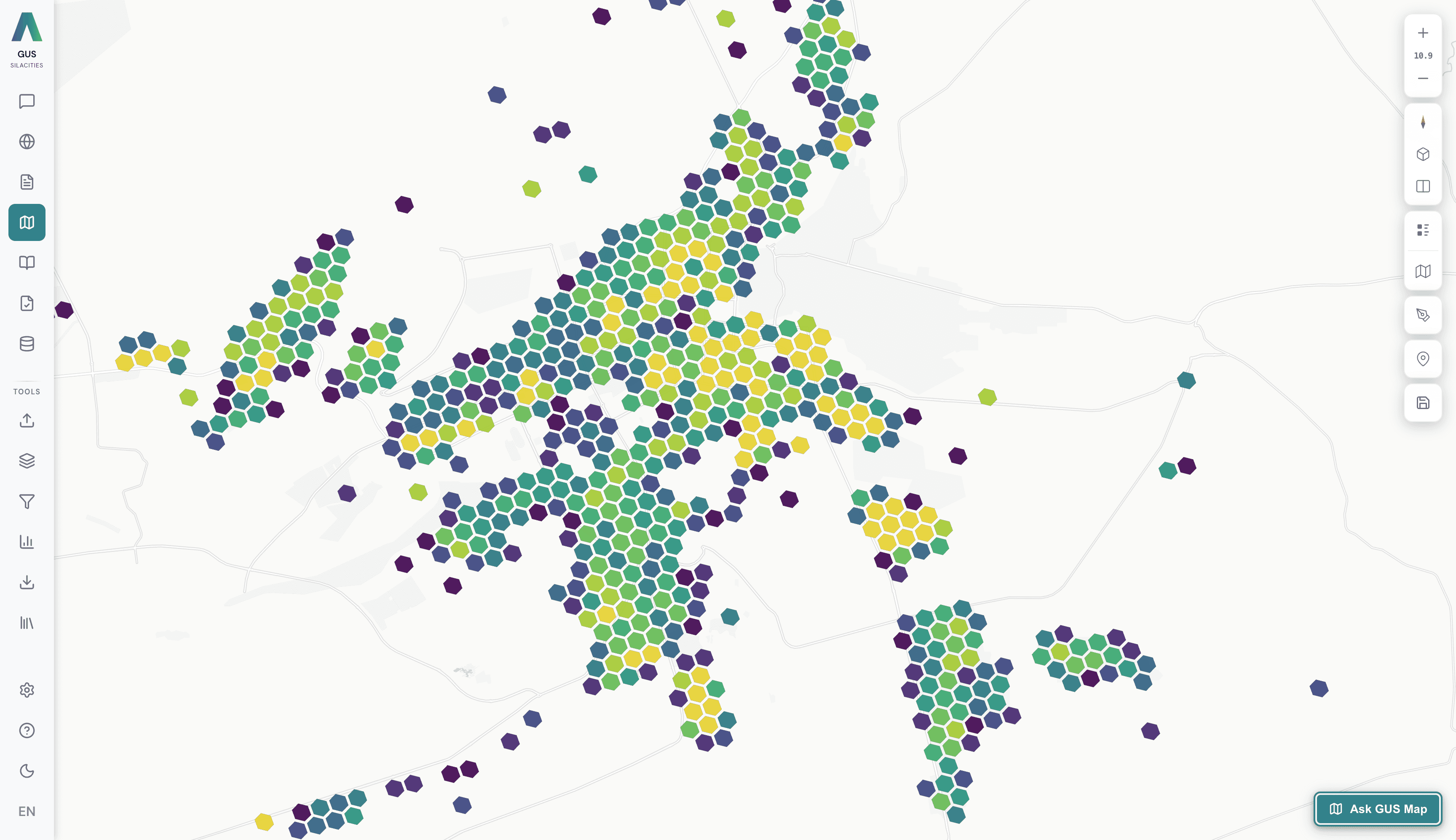 GUS Map workspace — a hex grid over the city with an Ask GUS Map prompt pinned bottom-right