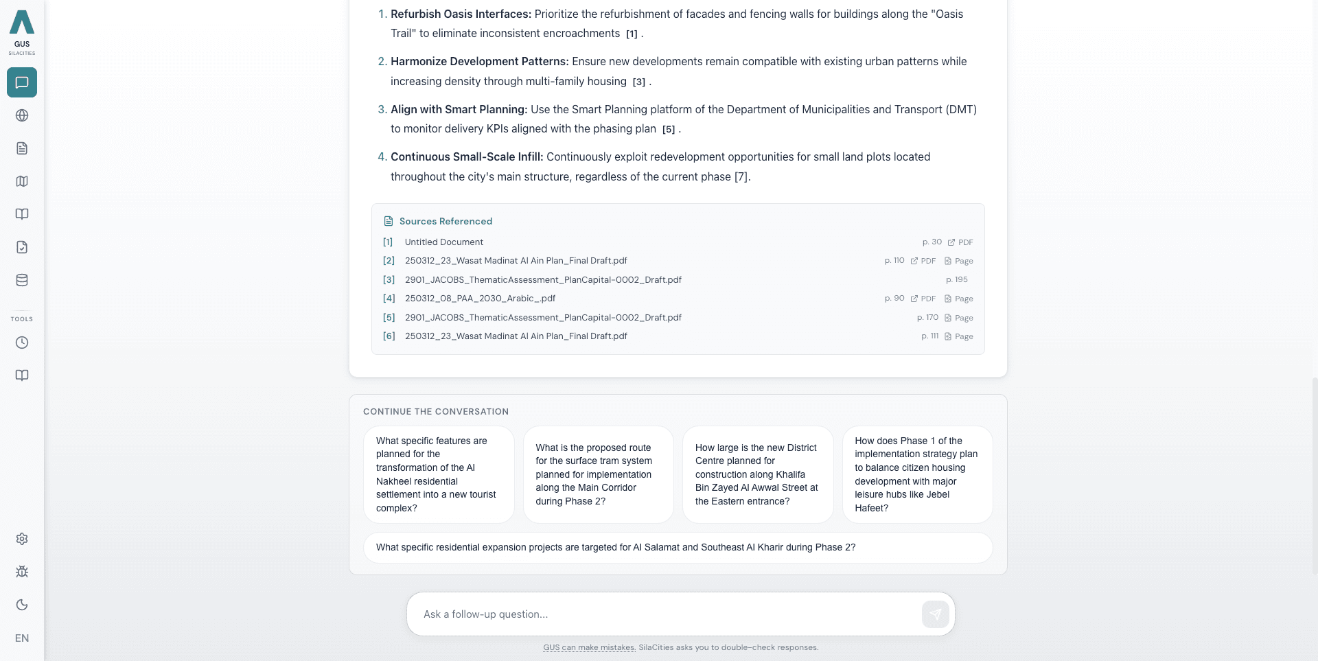 GUS Chat answer with inline citations linking to source documents